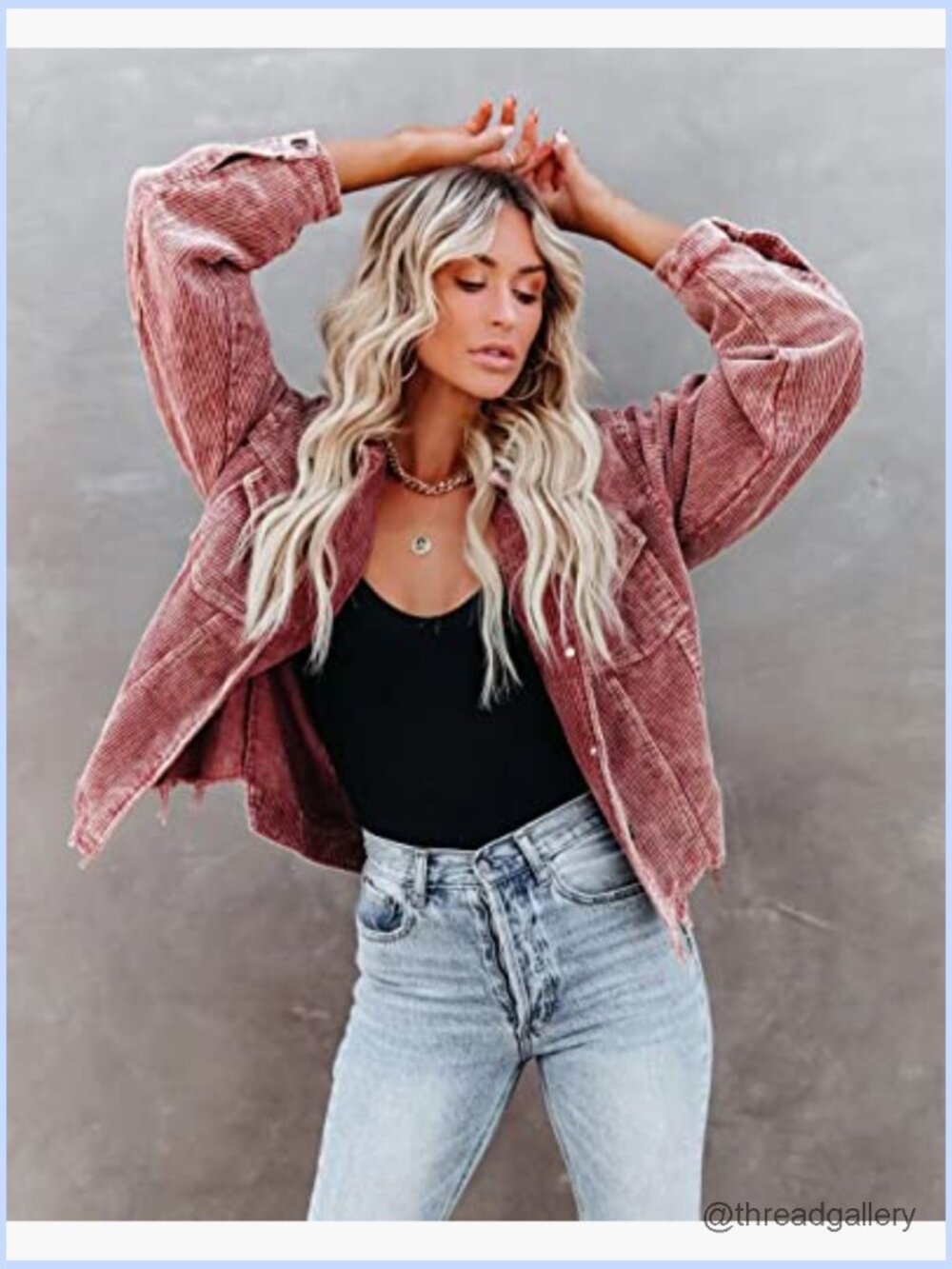 Cropped Corduroy Jacket Casual Button Down Shacket Frayed Hem - Picture 2 of 7